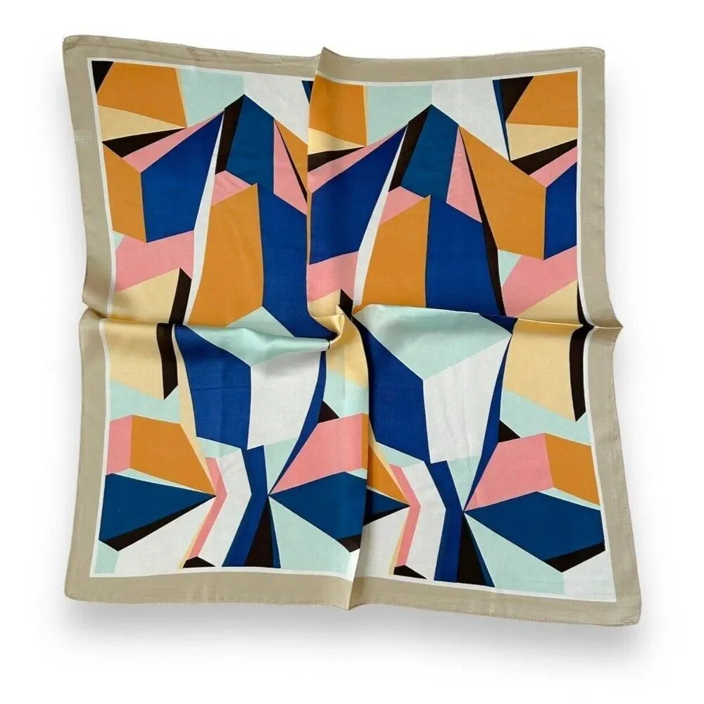 Khaki Edges Navy Blue Orange Geometric Scarf 27” X 27” Women Scarve Unisex